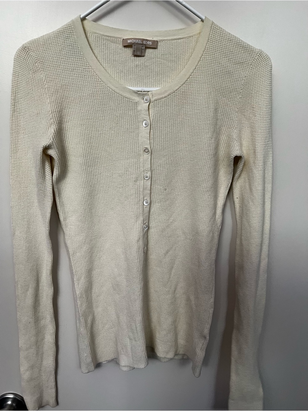 Michael Kors Cream Waffle Henley Long Sleeve Top